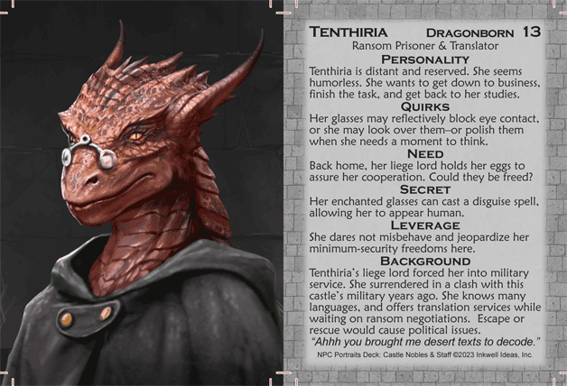 Tenthiria Dragonborn character from Castle Nobles and Staff NPC Portraits Deck from Inkwell Ideas