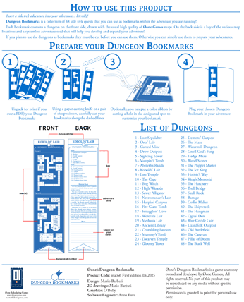 O-one Games Dungeon Bookmarks legend and directions