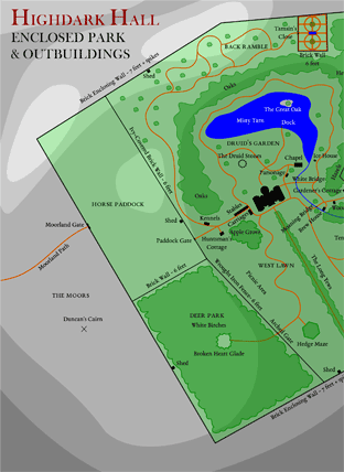 Map of Highdark Hall grounds from Ghastly Affairs location sourcebook Highdark Hall