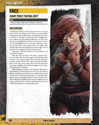 Knox character sheet from page 107 of the Shadowrun Anarchy First Edition core rulebook